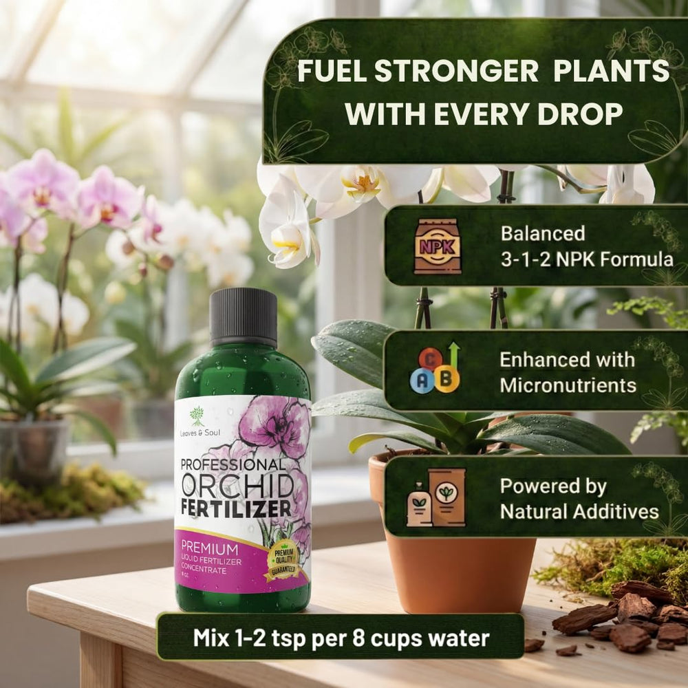 Leaves and Soul Liquid Orchid Fertilizer 8 oz bottle side view