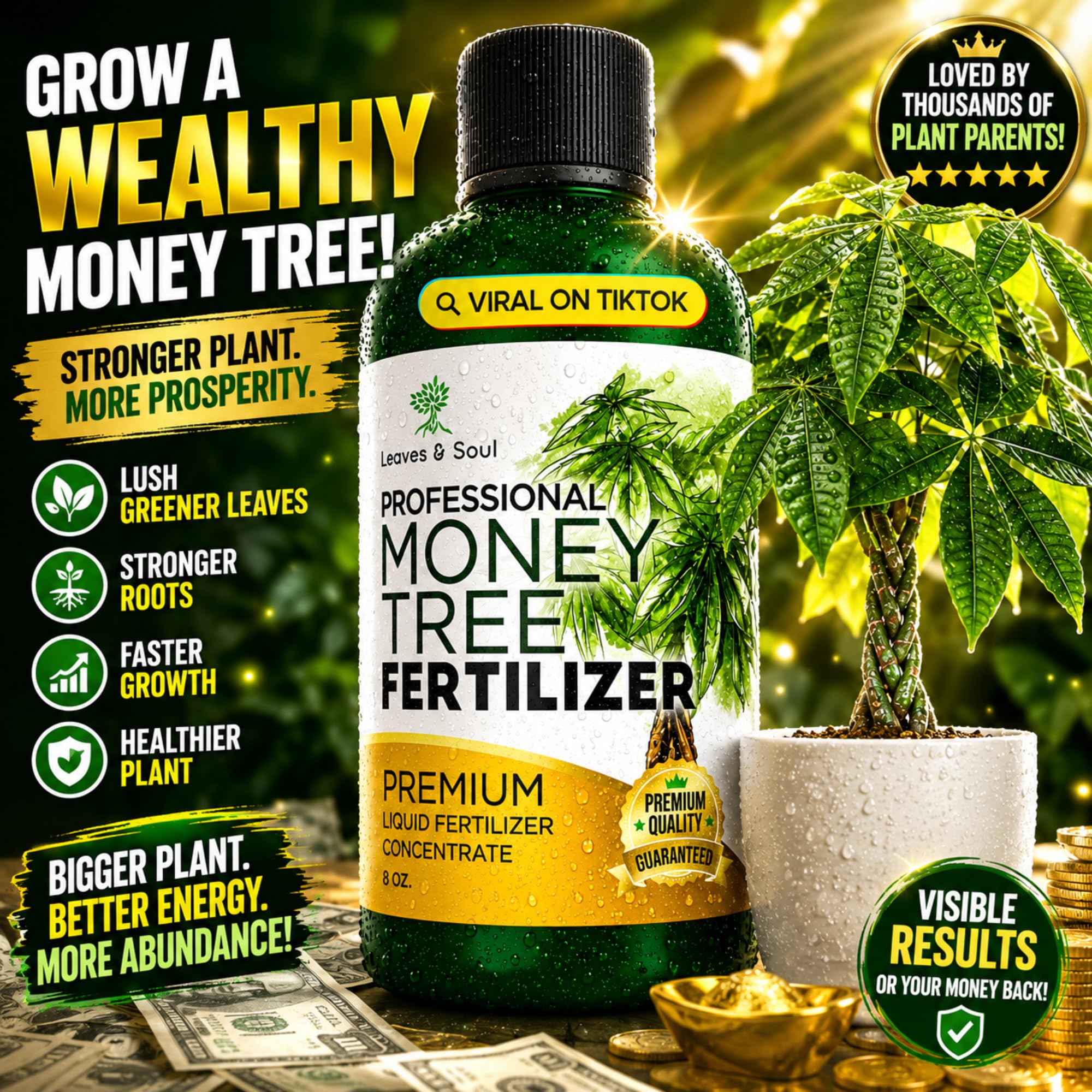 Leaves and Soul Money Tree Fertilizer 8 oz bottle side view