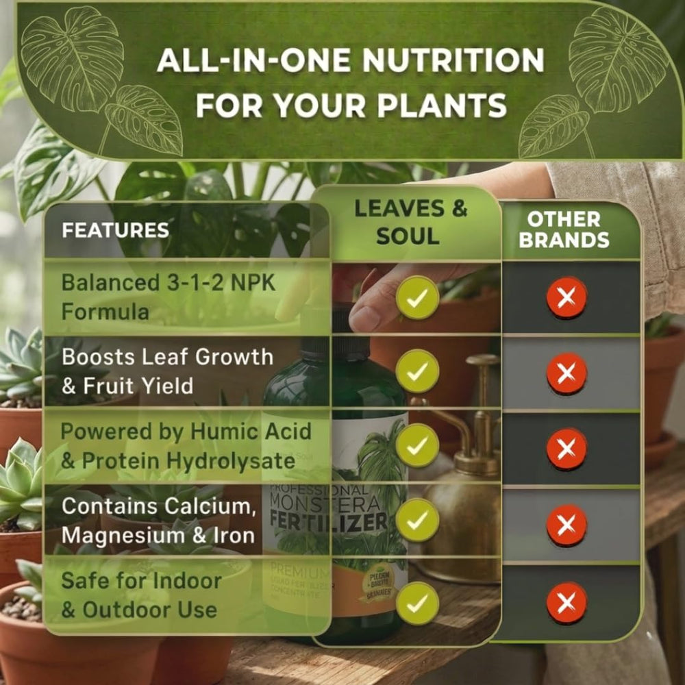 Leaves and Soul Monstera Fertilizer Liquid 8 oz bottle with measuring spoon