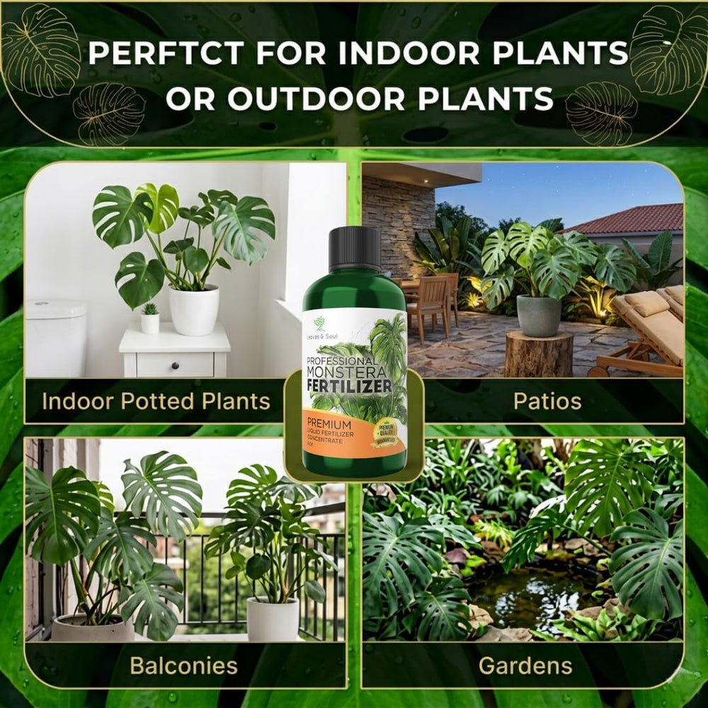 Leaves and Soul Monstera Fertilizer Liquid 8 oz bottle with plants in background