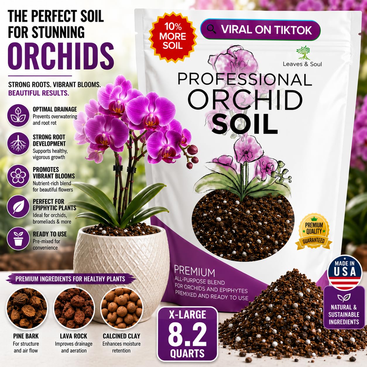 Leaves and Soul Orchid Soil Mix bag with detailed label