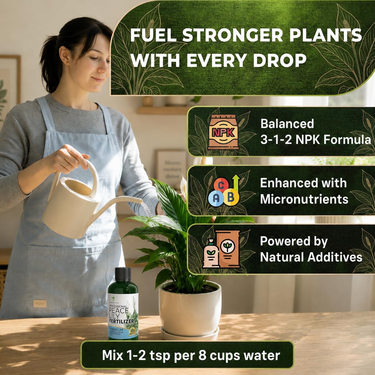 Leaves and Soul Peace Lily Fertilizer 3-1-2 liquid formula close-up