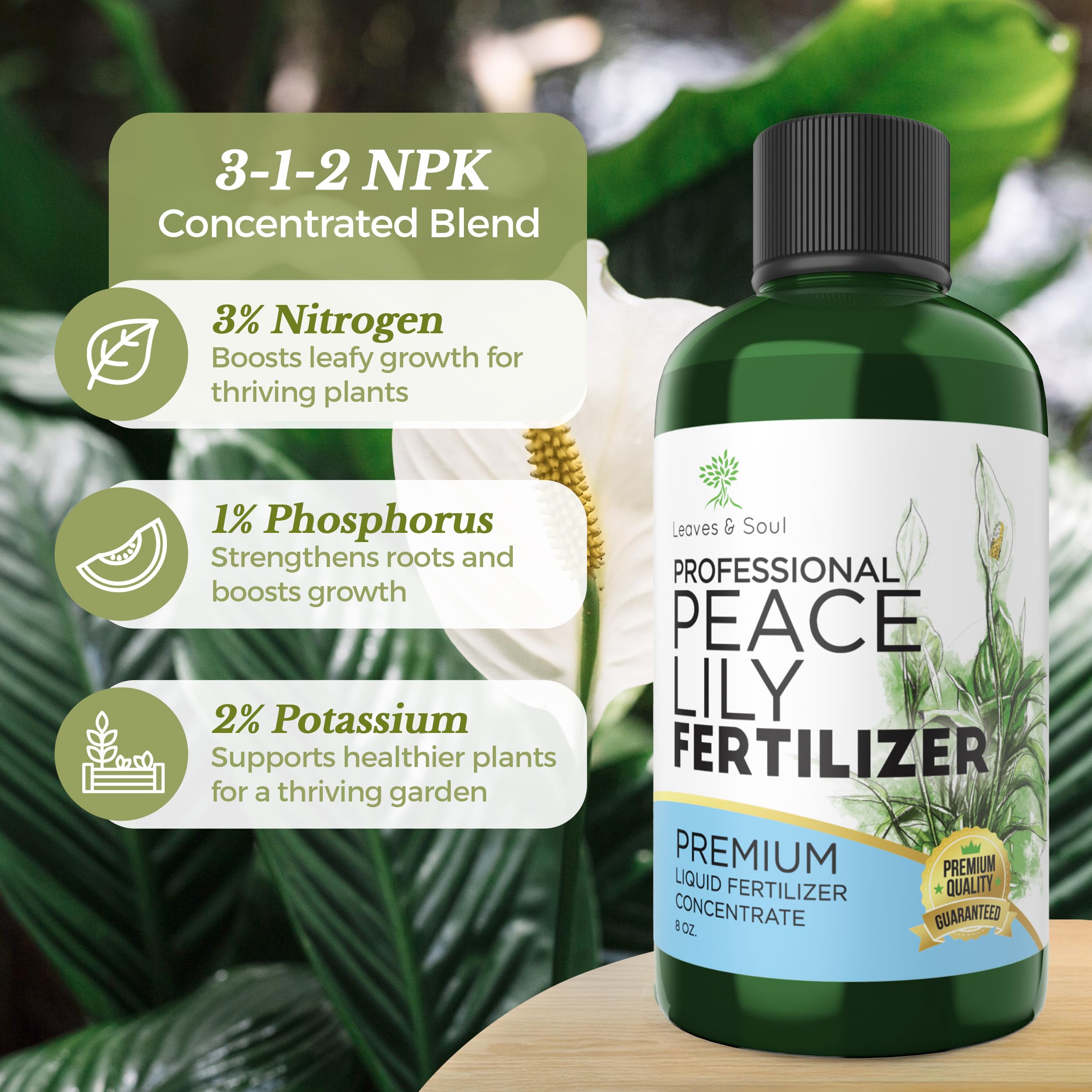 Leaves and Soul Peace Lily Fertilizer bottle with plant background