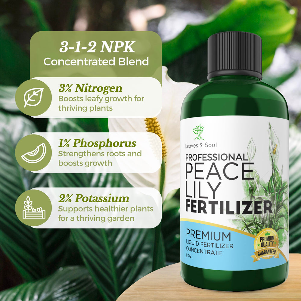Leaves and Soul Peace Lily Fertilizer bottle with plant background