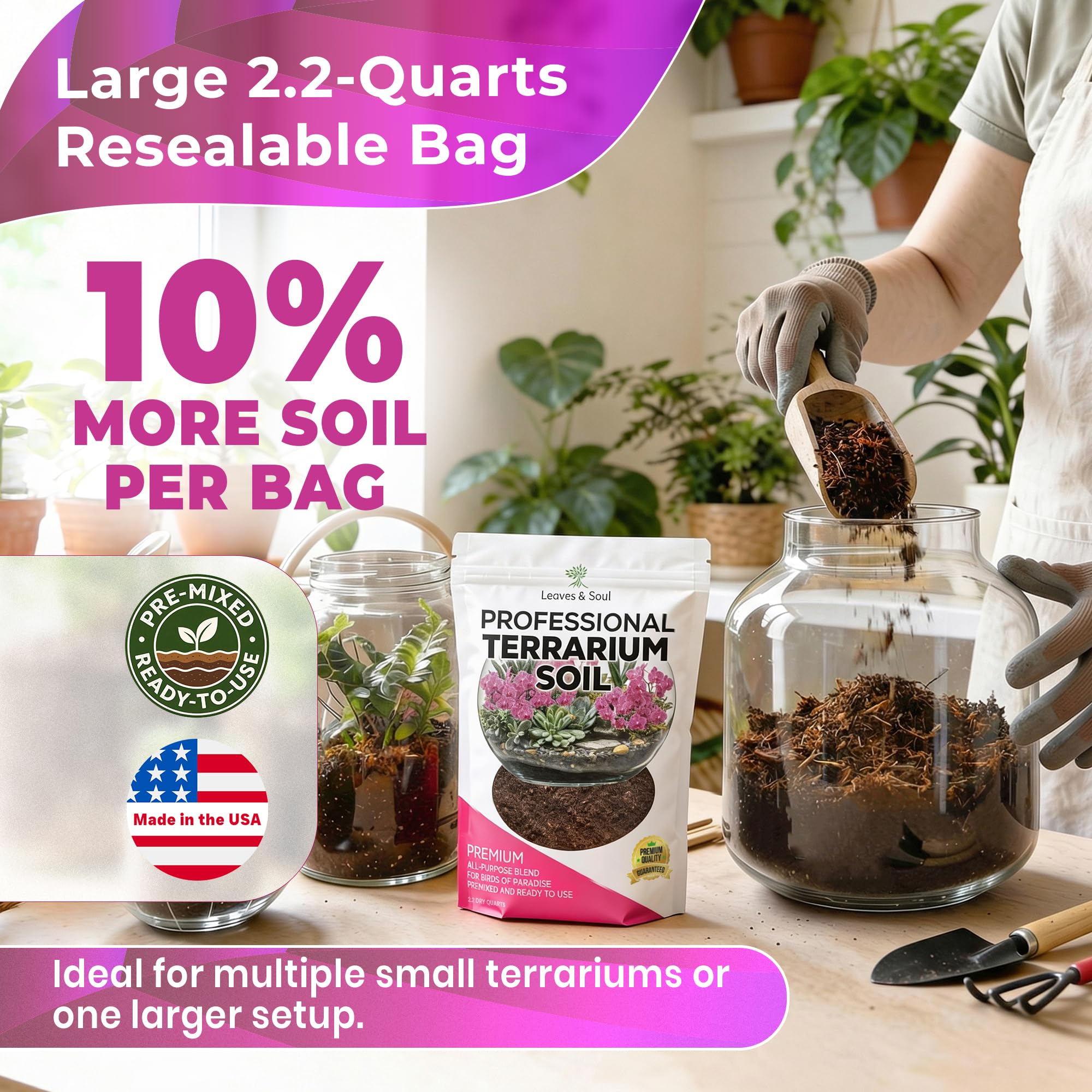 Leaves and Soul terrarium soil mix in resealable packaging