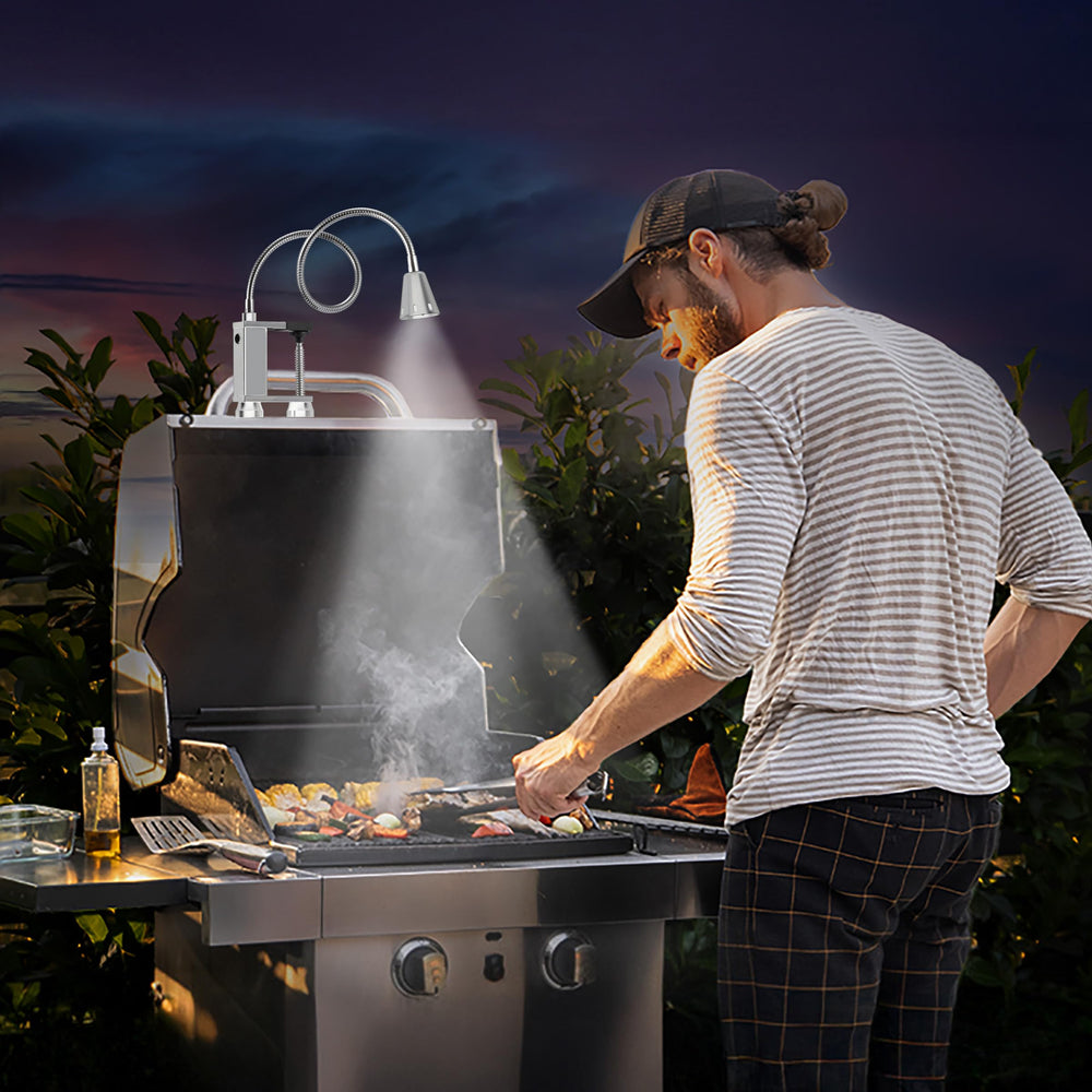 LED Concepts Grill Light with adjustable clamp attached to a grill