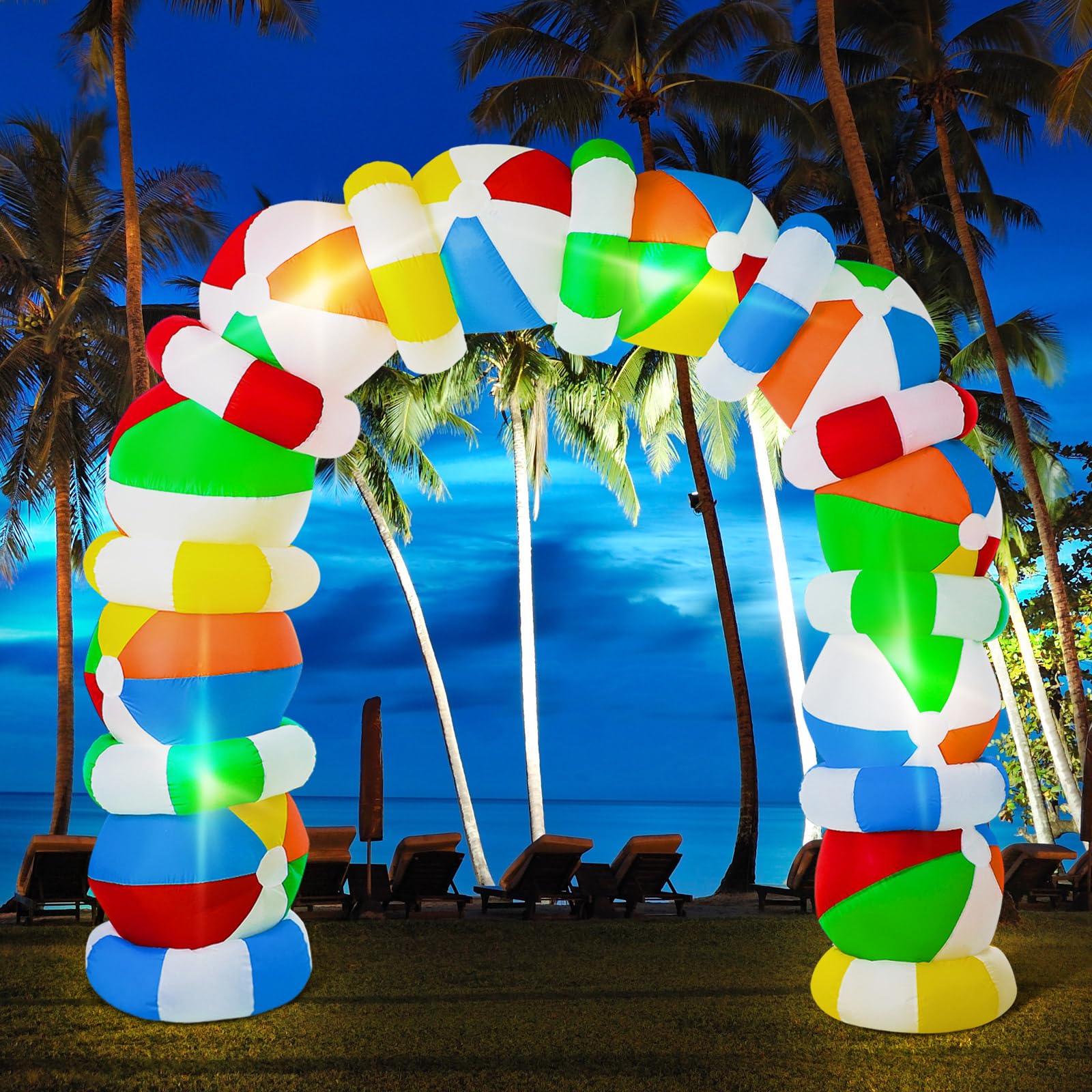 LED lights illuminating the Shappy inflatable beach ball arch at night