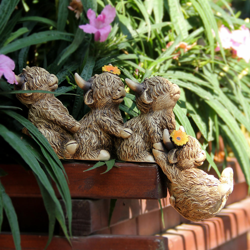 Leekung Highland Cow Figurine on a table edge indoors