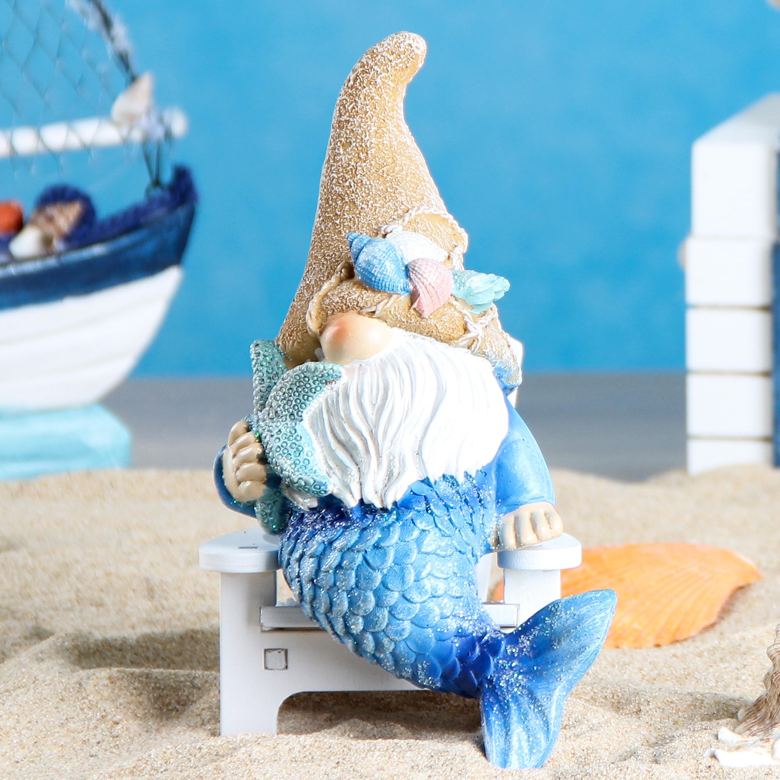 Leekung Mermaid Garden Gnome Statue front view with sandy hat and starfish