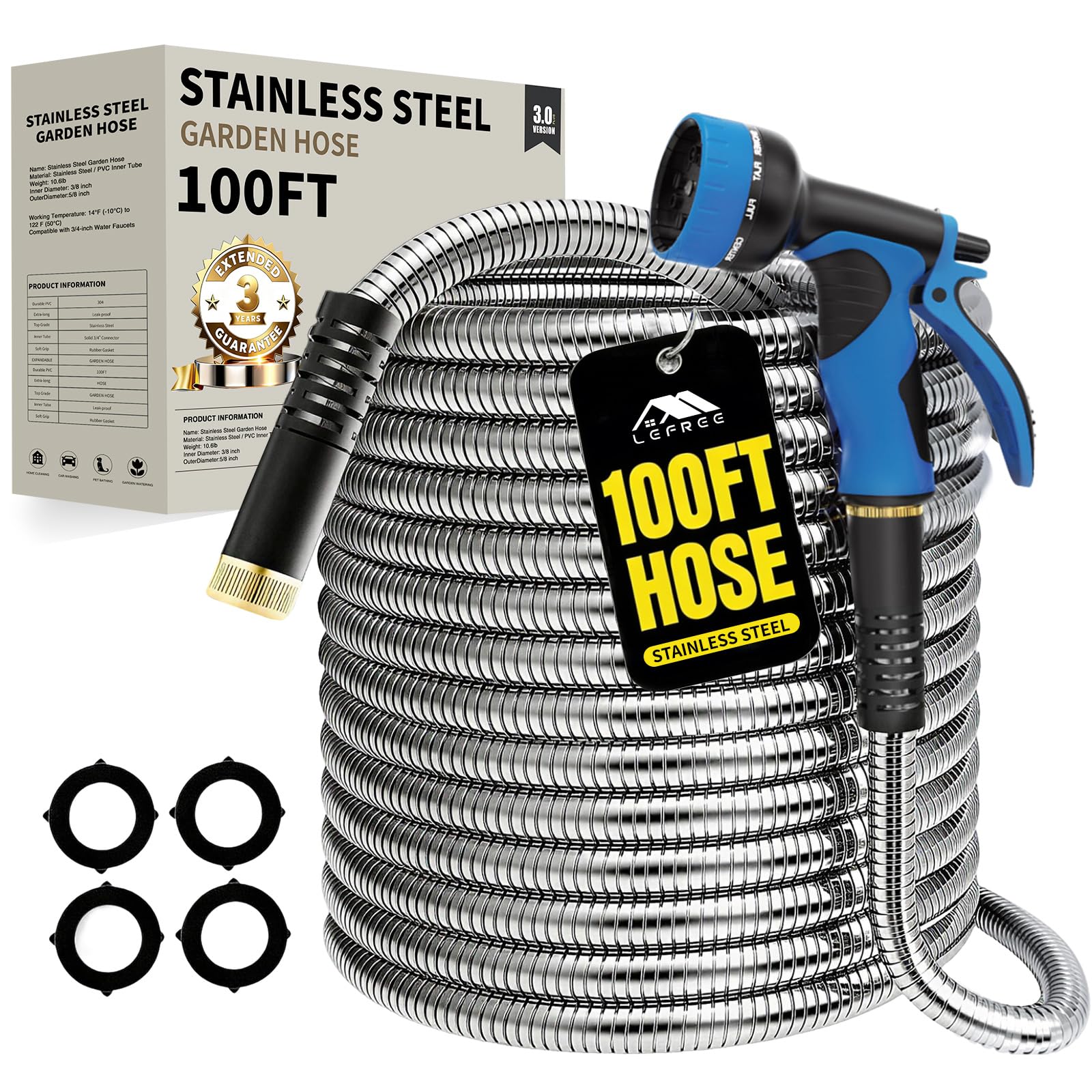 Lefree 100ft Metal Garden Hose silver model coiled