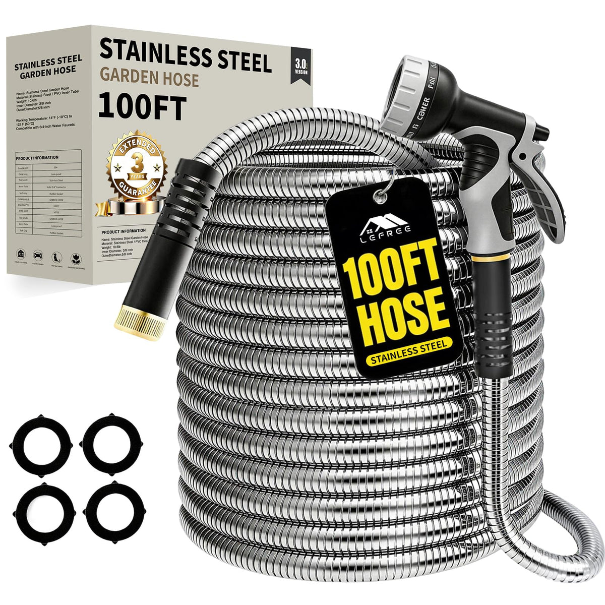 Lefree 100ft Metal Garden Hose with gray finish and nozzle