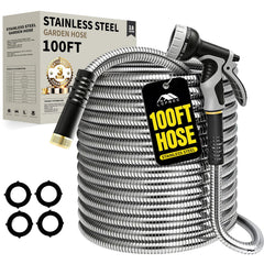 Lefree 100ft Metal Garden Hose with gray finish and nozzle