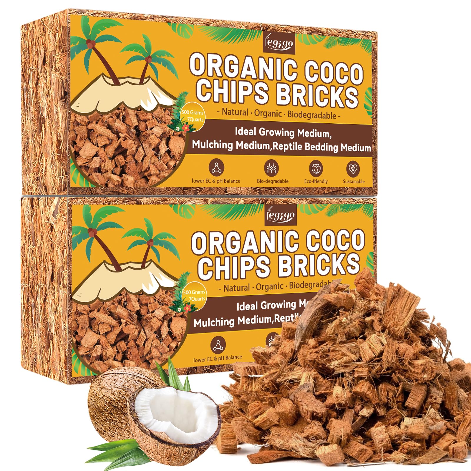Legigo Coco Chips for Plants front view, 2 pack organic coconut husk