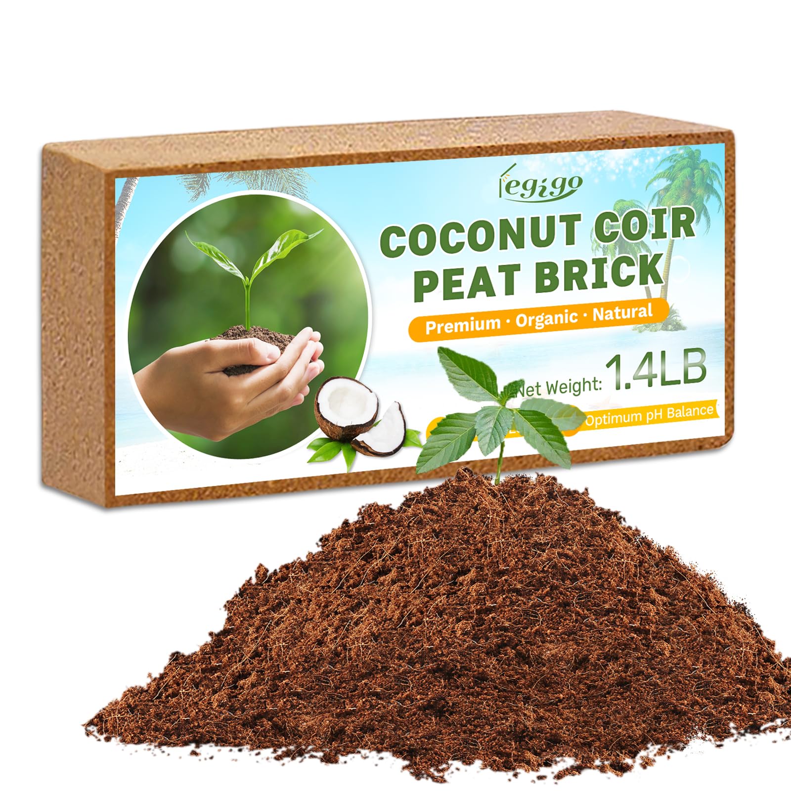 Legigo Organic Coco Coir Brick front view with dimensions 8x4x2 inches