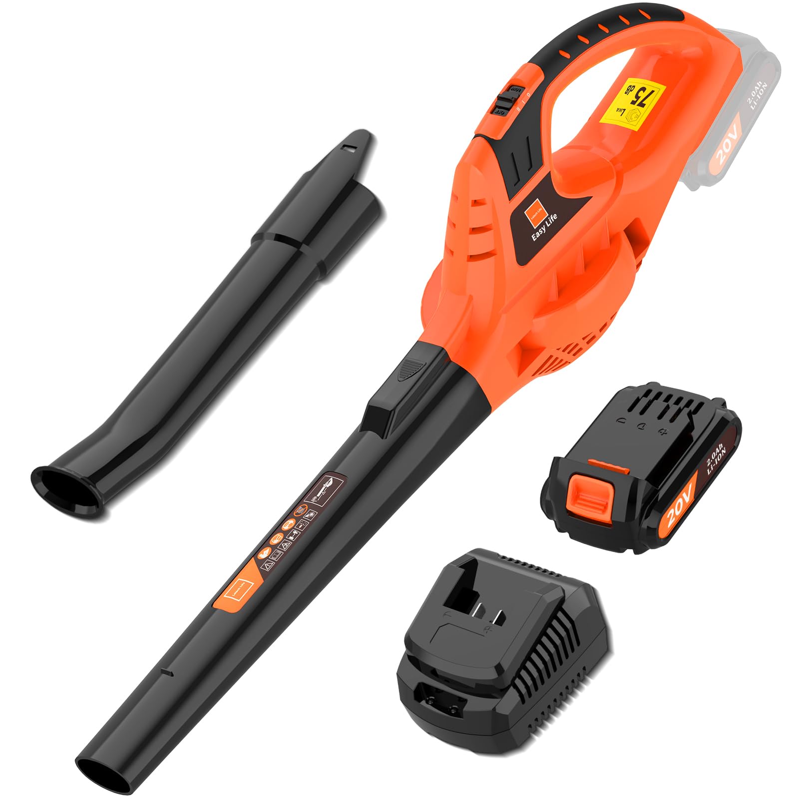 Leisch Life cordless leaf blower front view with orange body and blow tube