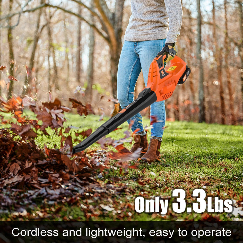 Leisch Life cordless leaf blower in action cleaning a patio