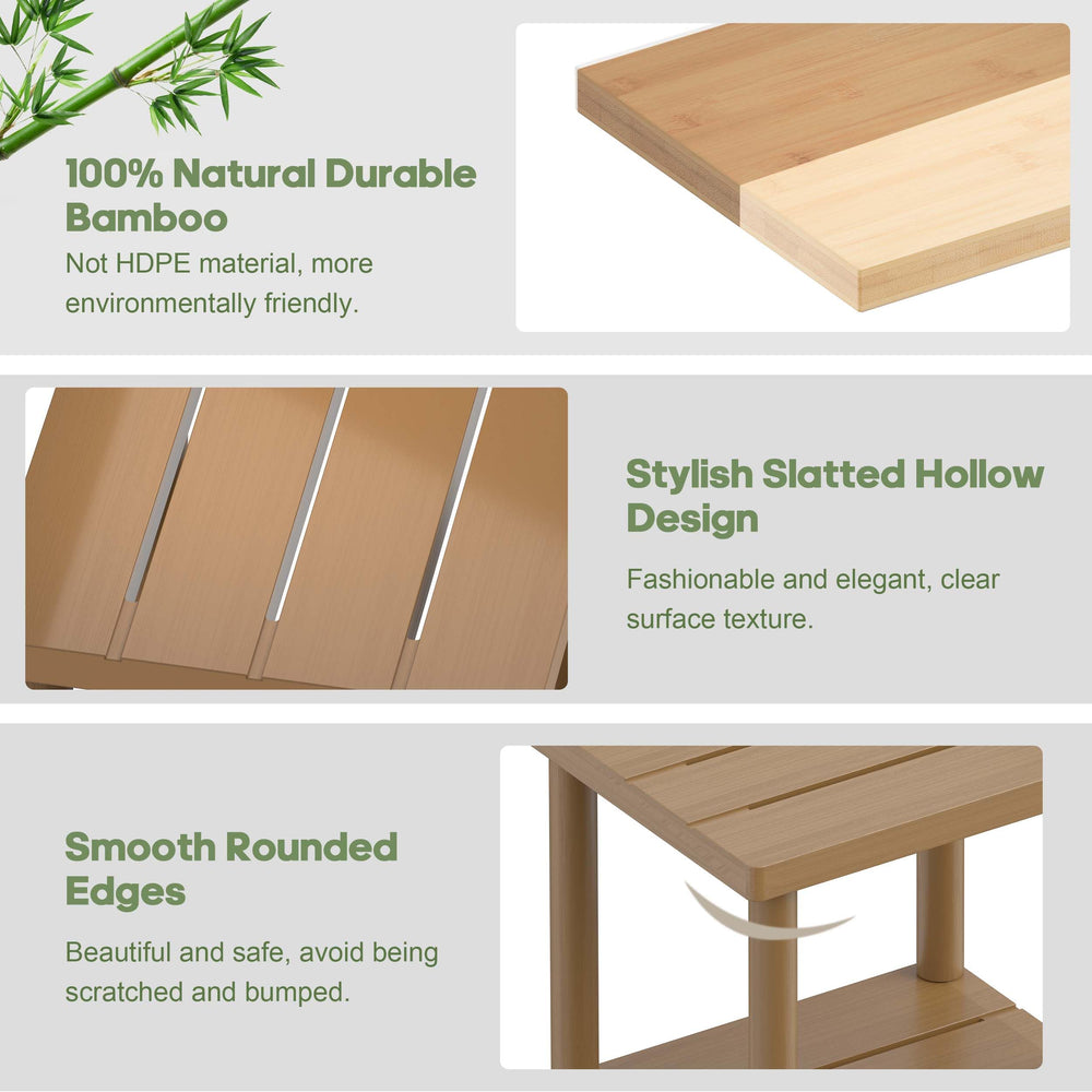 LEJANEOYE brown bamboo side table with items placed on it