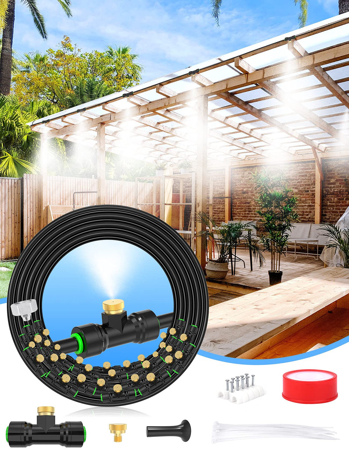 Lekit Misting Cooling System 89FT with brass nozzles and adapter