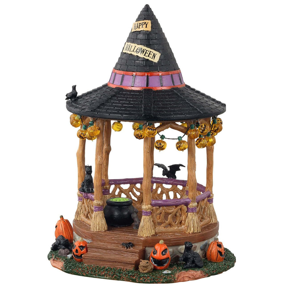 Lemax Witch Gazebo Table Accent front view with black witch's hat roof