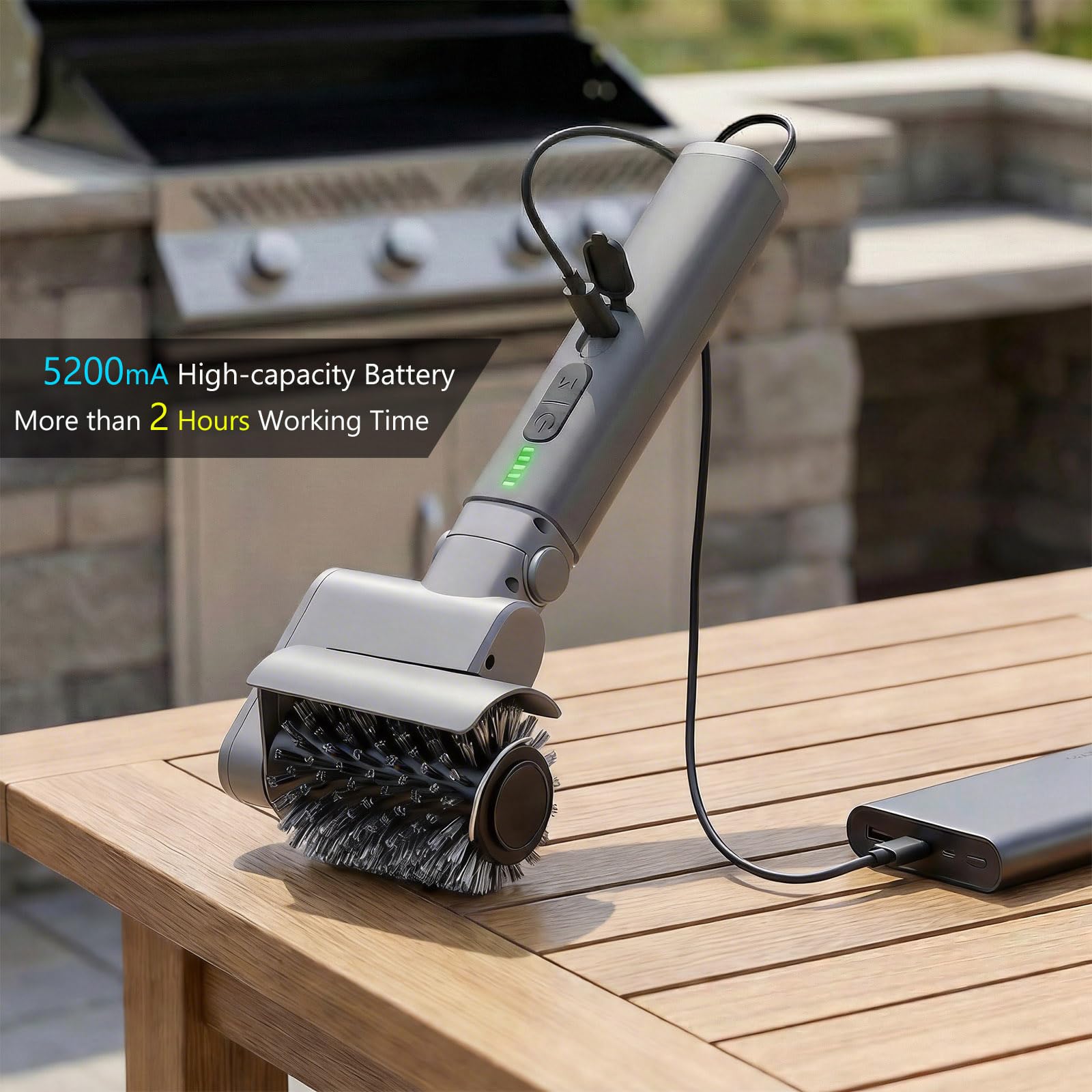 Lenzhan Electric Grill Brush in use on a grill