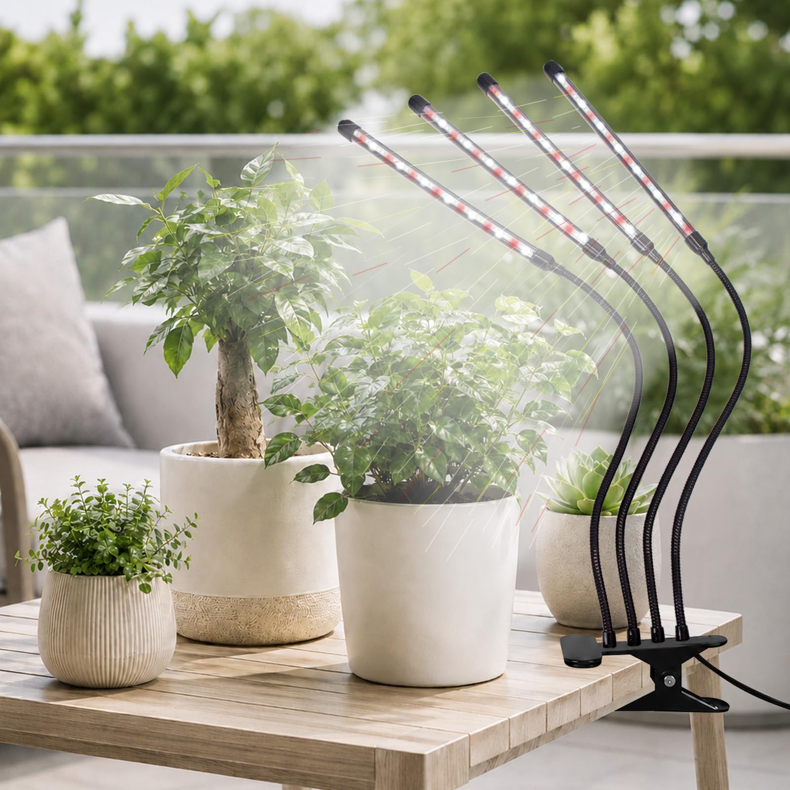 LEOTER Grow Light attached to a plant shelf with multiple plants
