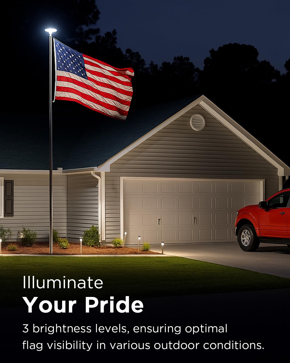 Lepwings Solar Flag Pole Light illuminated at night