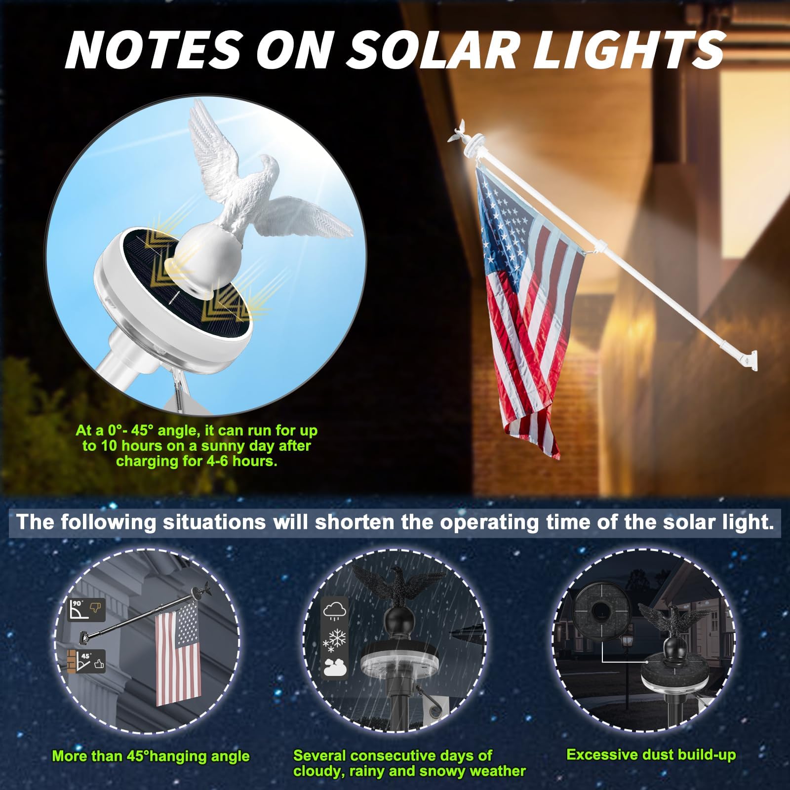 LETSTRY solar light and flag assembly on a white flagpole