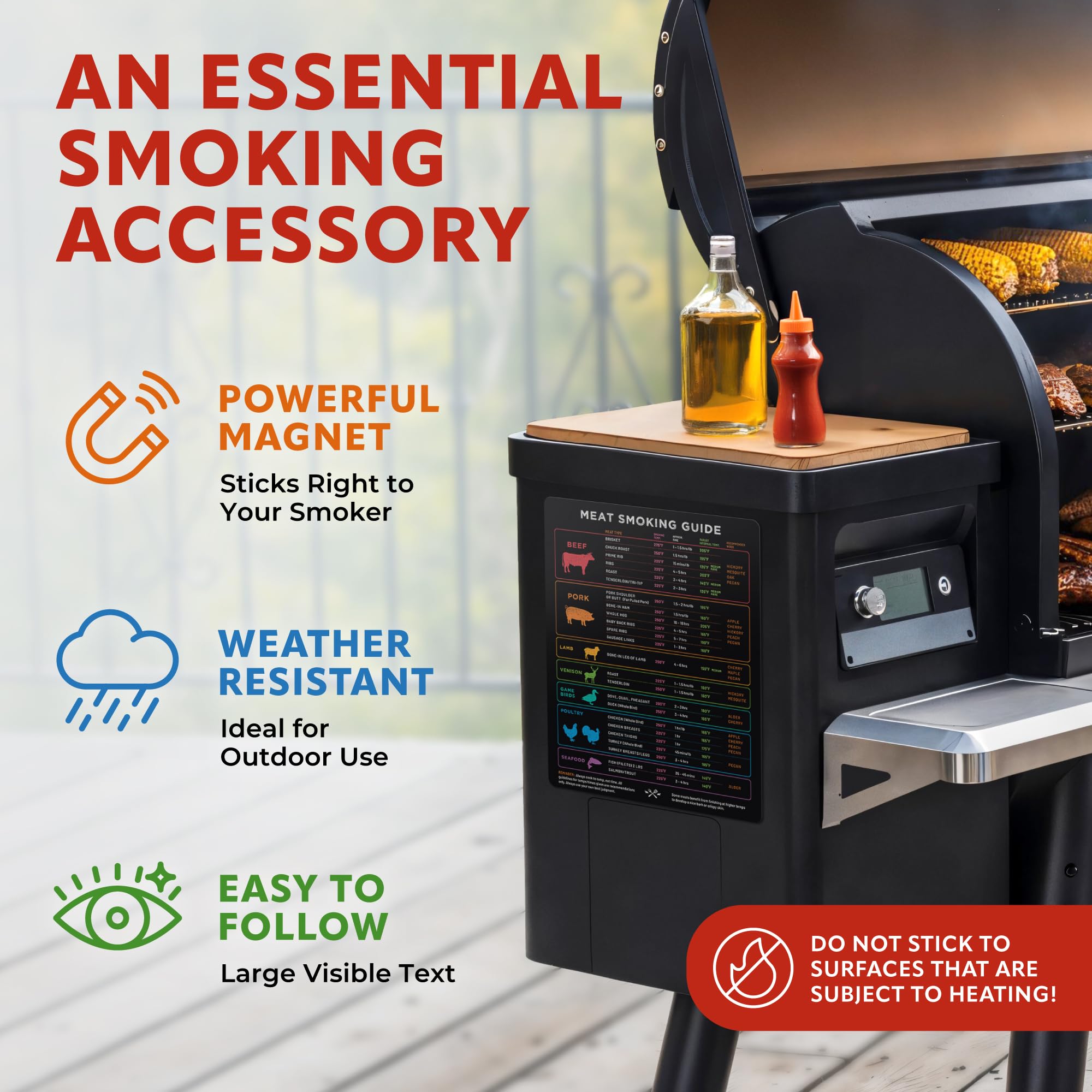 Levain & Co XL Meat Temperature BBQ Smoker Guide showing wood pairings