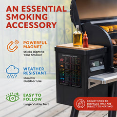 Levain & Co XL Meat Temperature BBQ Smoker Guide showing wood pairings