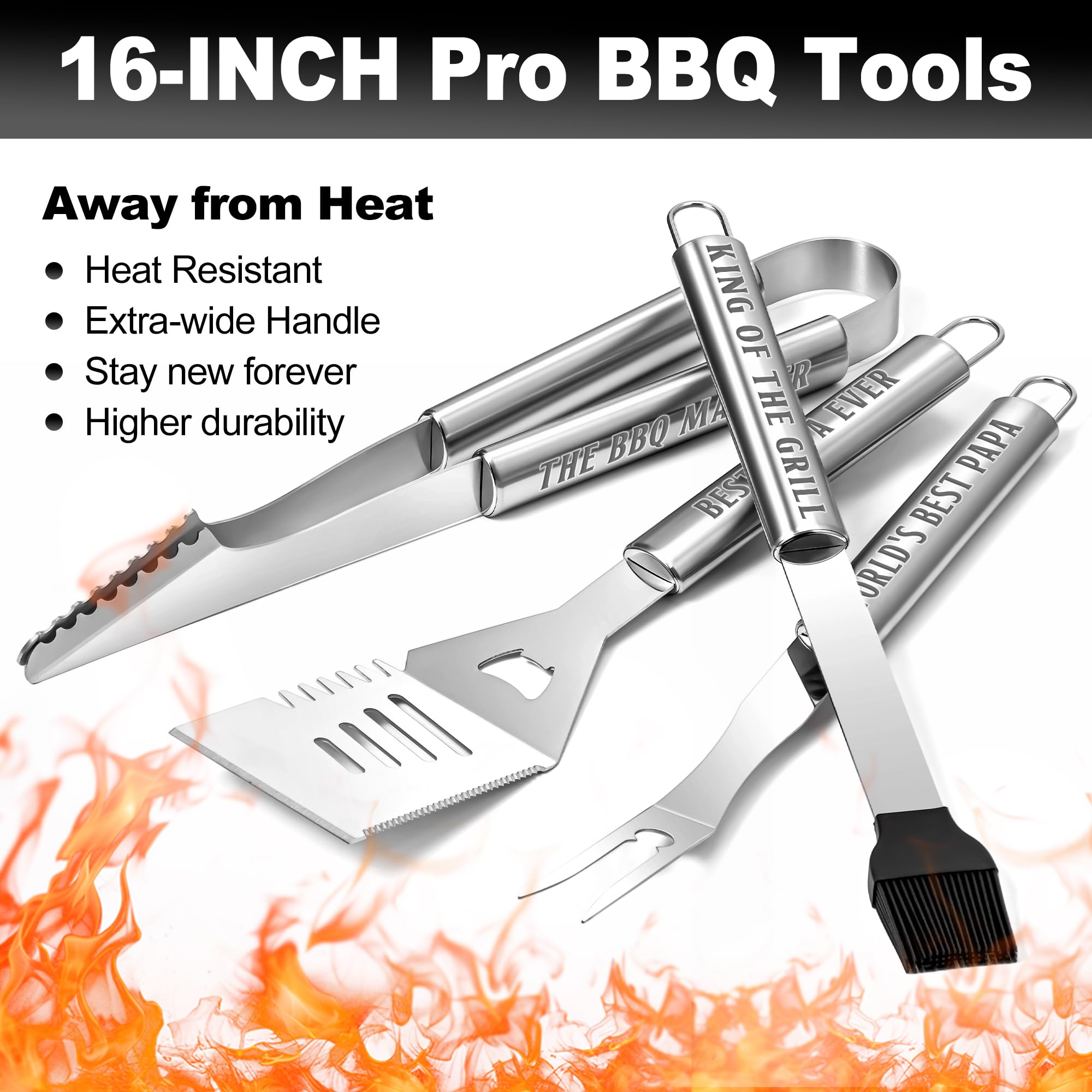 LEWARAN BBQ tongs, spatula, and fork displayed
