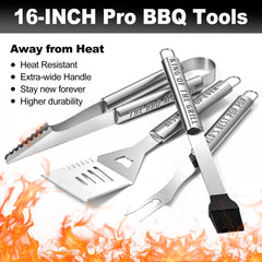 LEWARAN BBQ tools including tongs, spatula, and fork