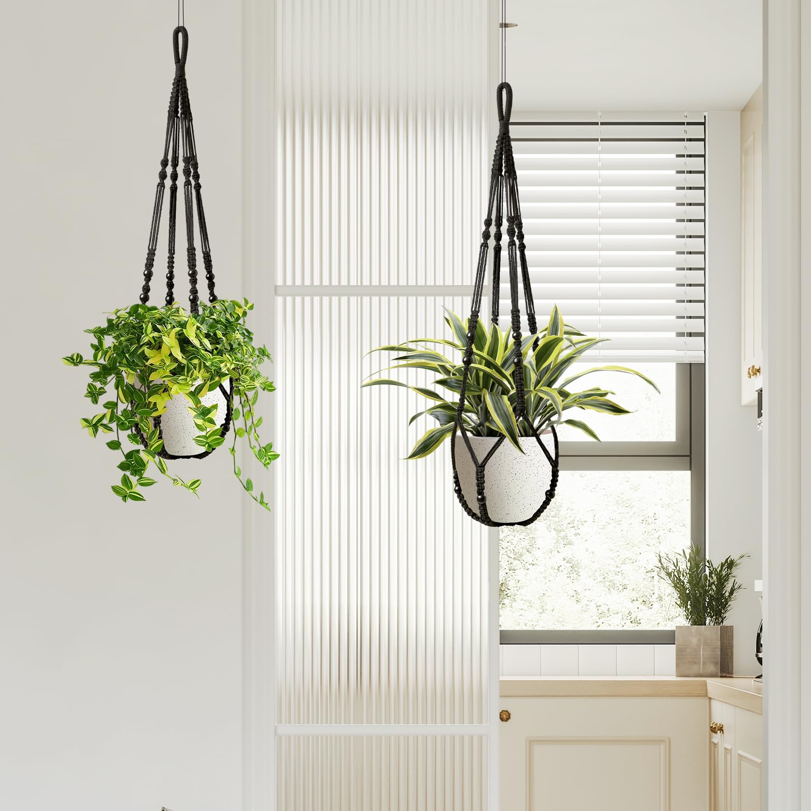 LEWESU macrame plant hanger in outdoor setting with vibrant greenery