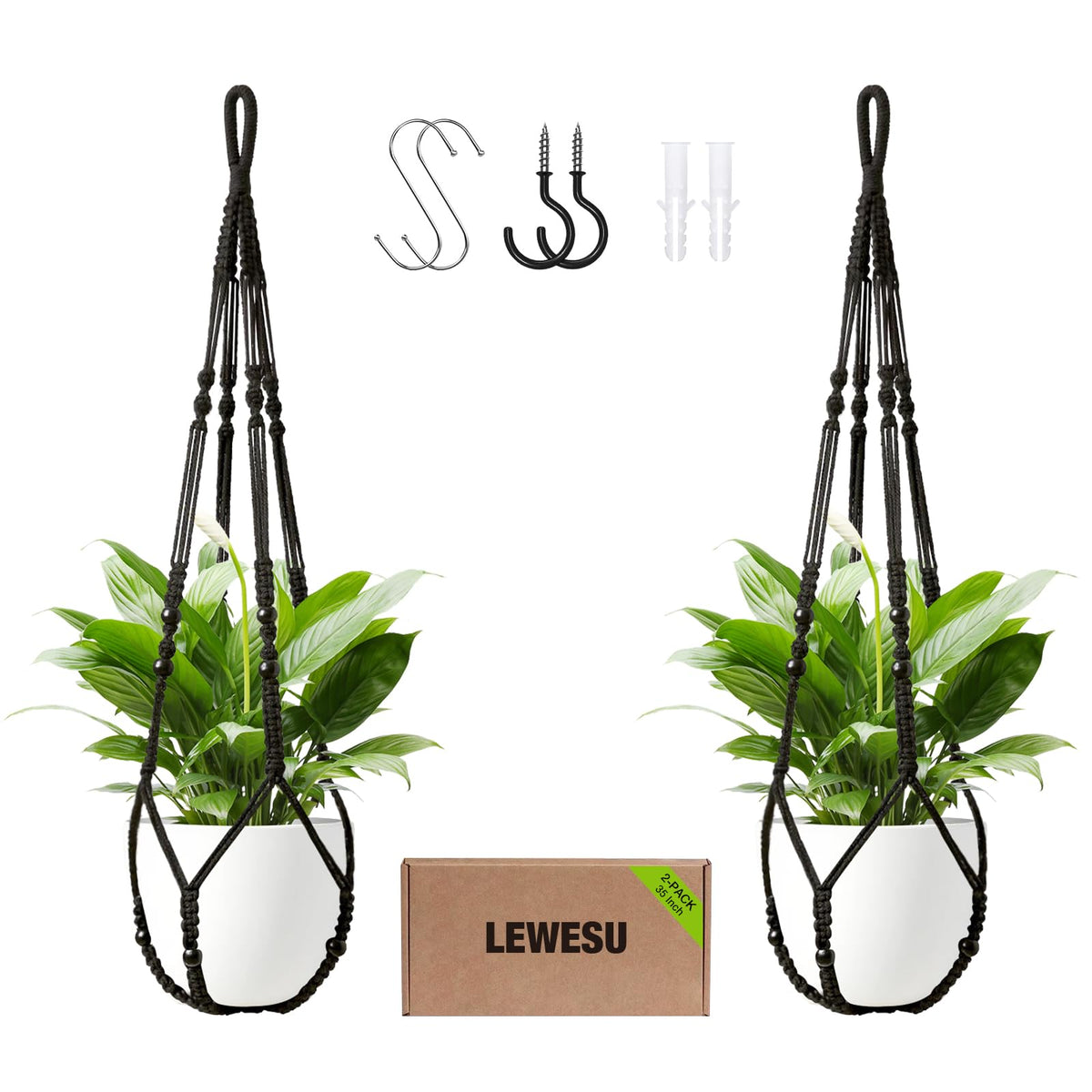 LEWESU macrame plant hanger set of 2 with black colour and decorative wood beads