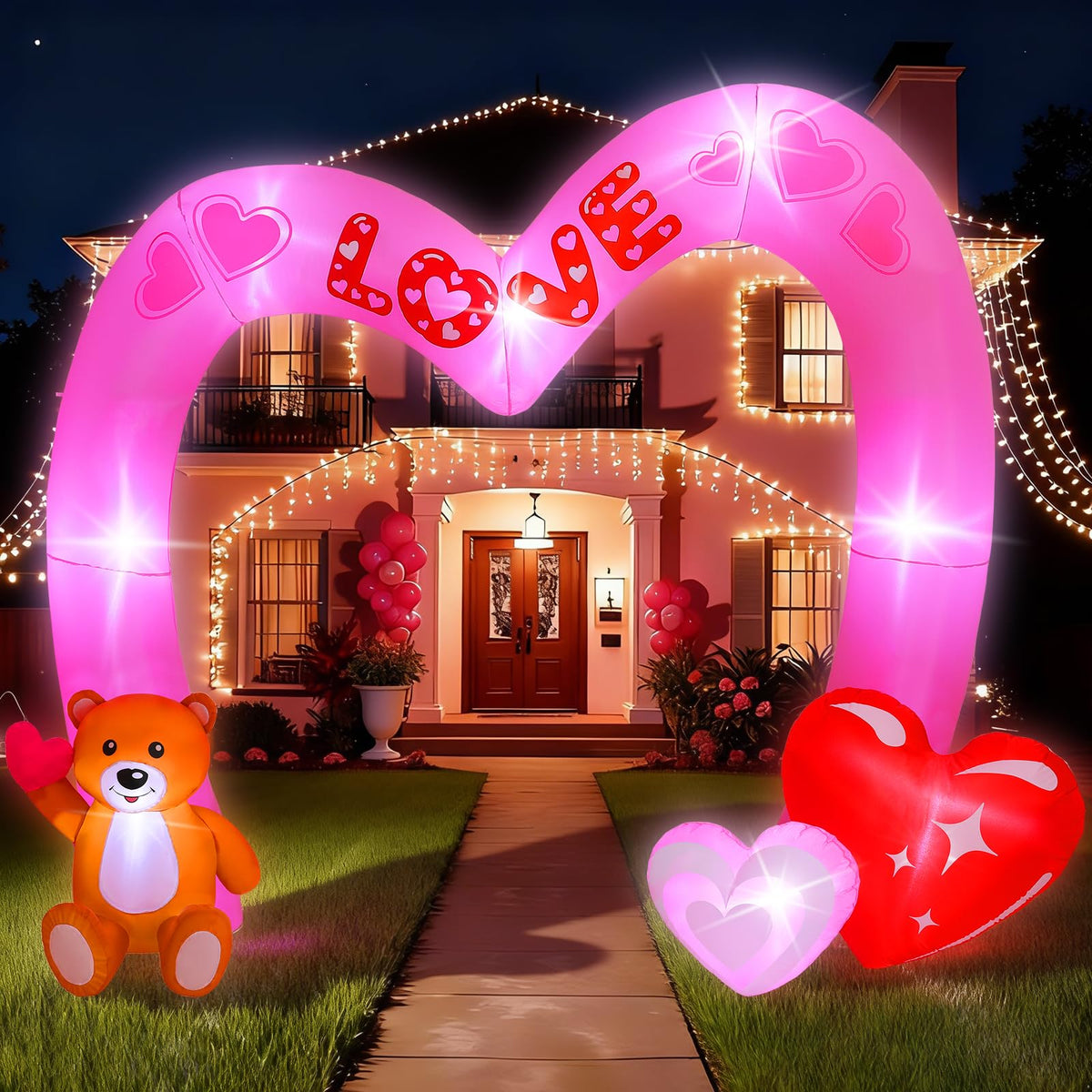 Lewondr 9.8ft Inflatable Valentine's Day Arch front view with lights