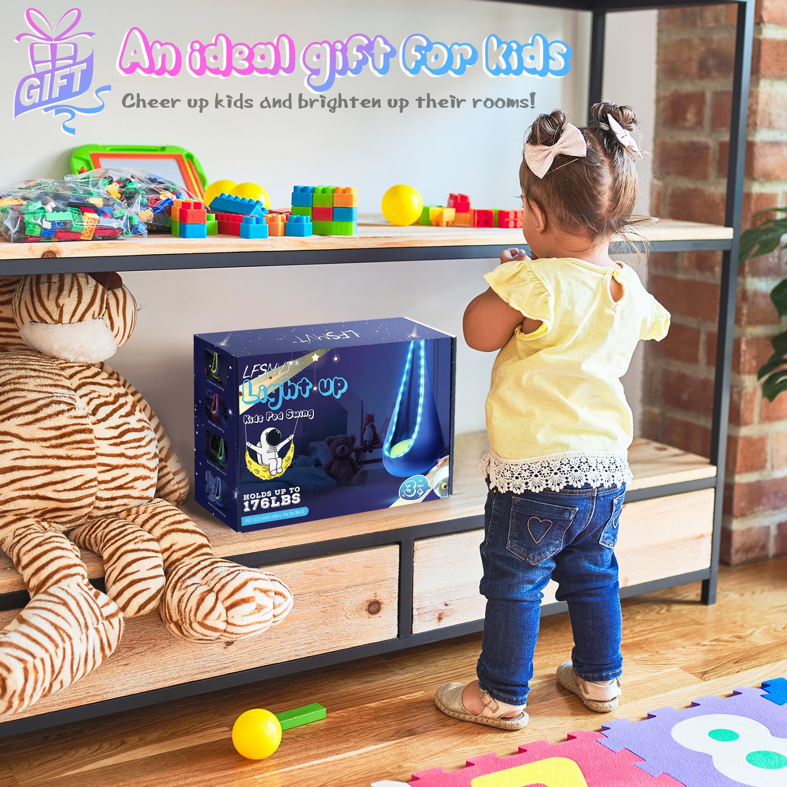 LFSMVT Kids Pod Swing with side pocket for toy storage