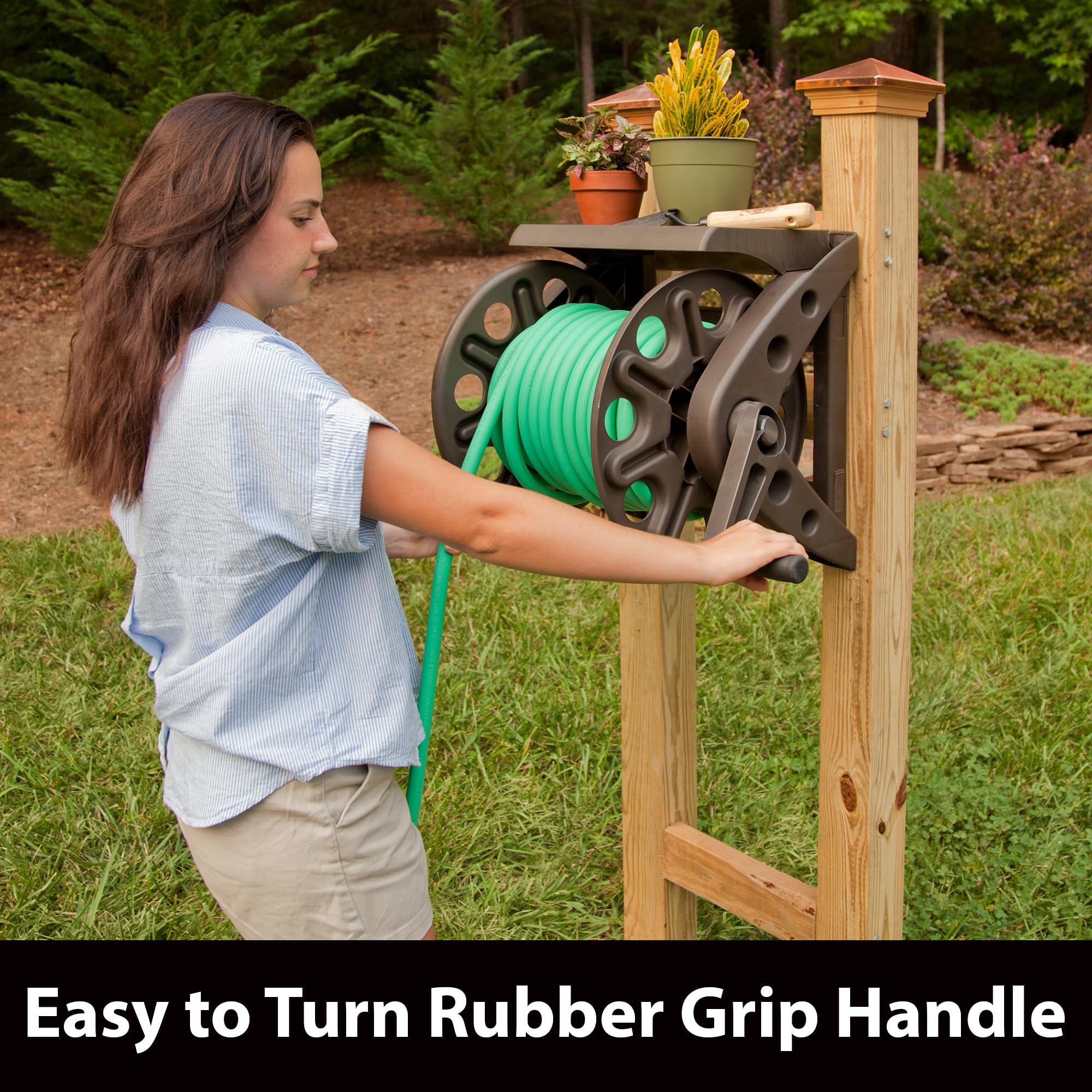 Liberty Garden Wall Mounted Hose Reel dimensions displayed with tape measure