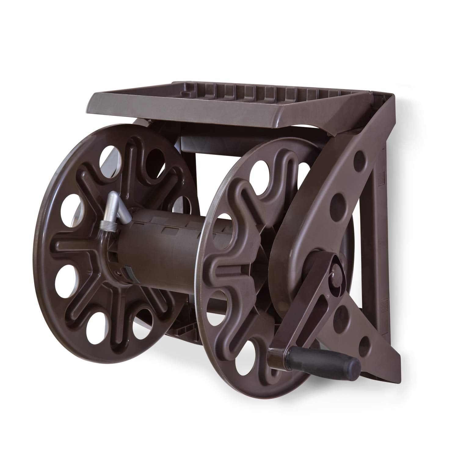Liberty Garden Wall Mounted Hose Reel in Bronze with shelf