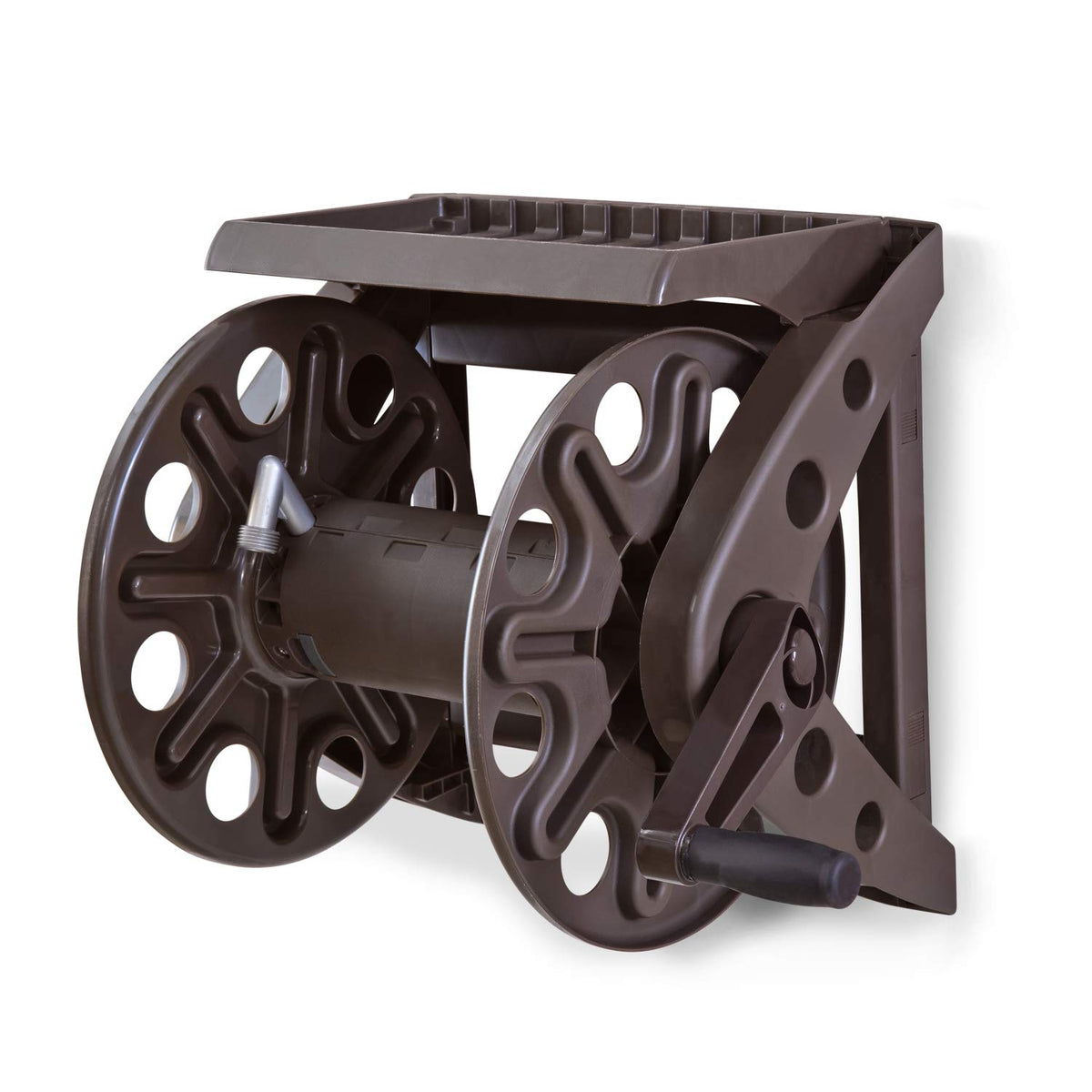 Liberty Garden Wall Mounted Hose Reel in Bronze with shelf