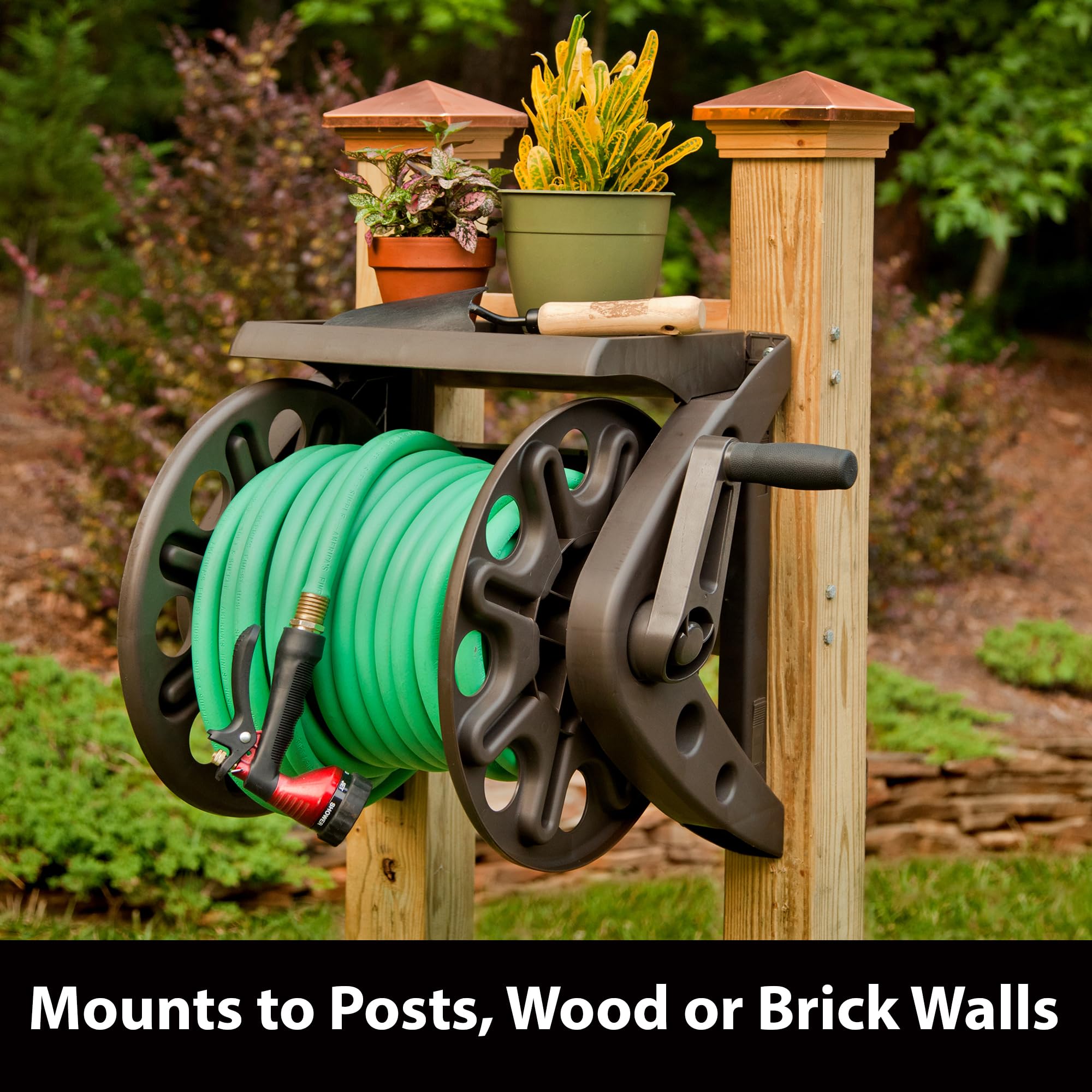 Liberty Garden Wall Mounted Hose Reel with storage shelf and accessories