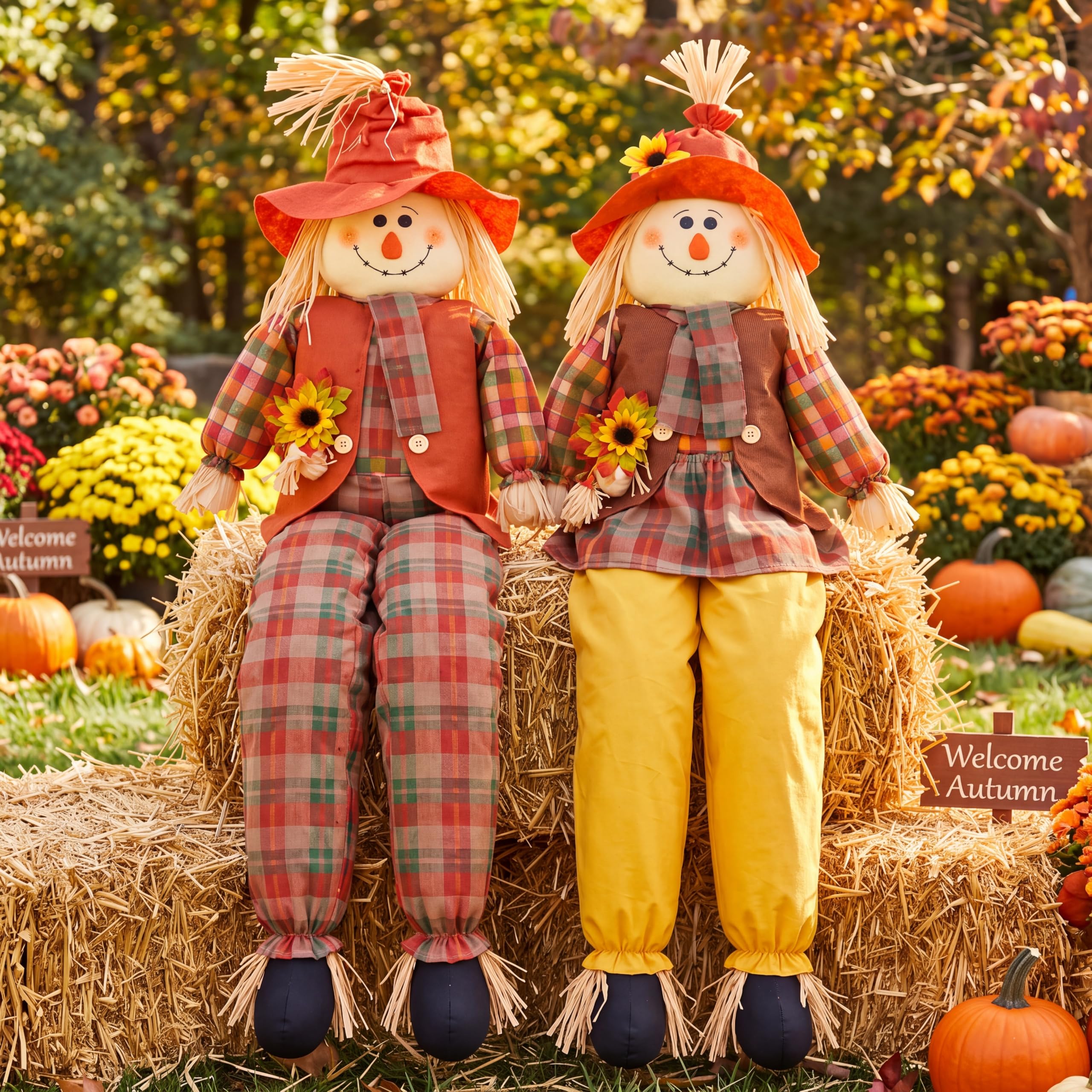Libima 60 inch large sitting scarecrow front view with vibrant colours