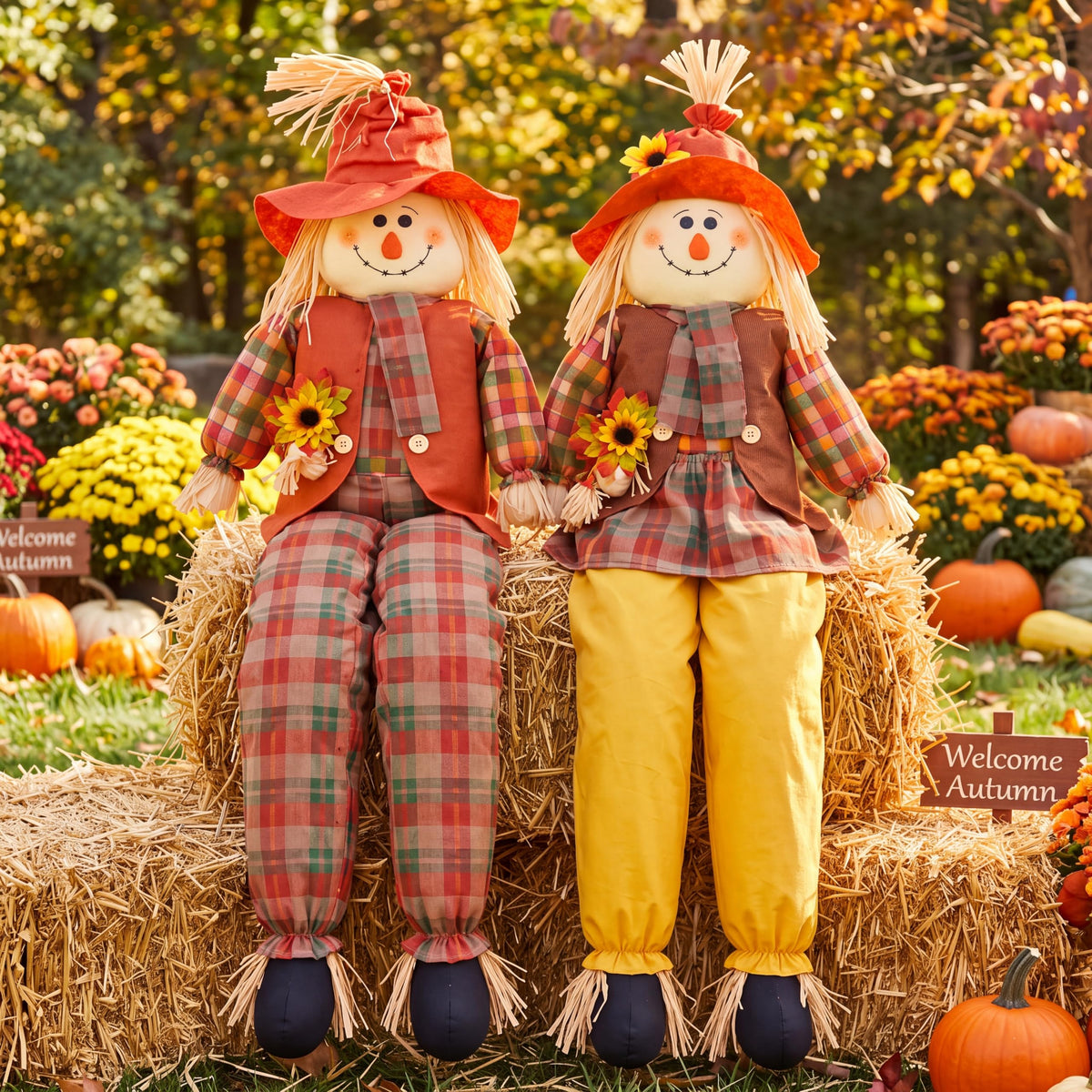Libima 60 inch large sitting scarecrow front view with vibrant colours