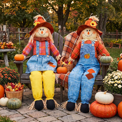 Libima 60-inch sitting scarecrow with bright colours and friendly smile