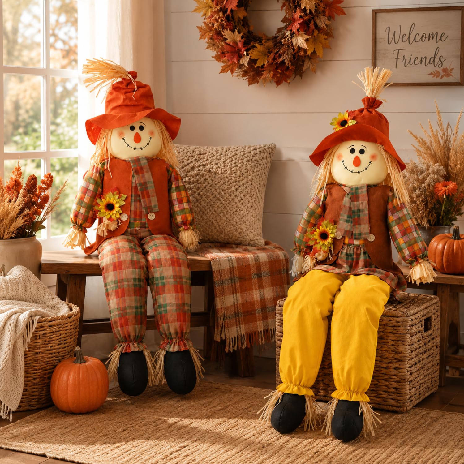 Libima scarecrow in a porch setting decorated for fall