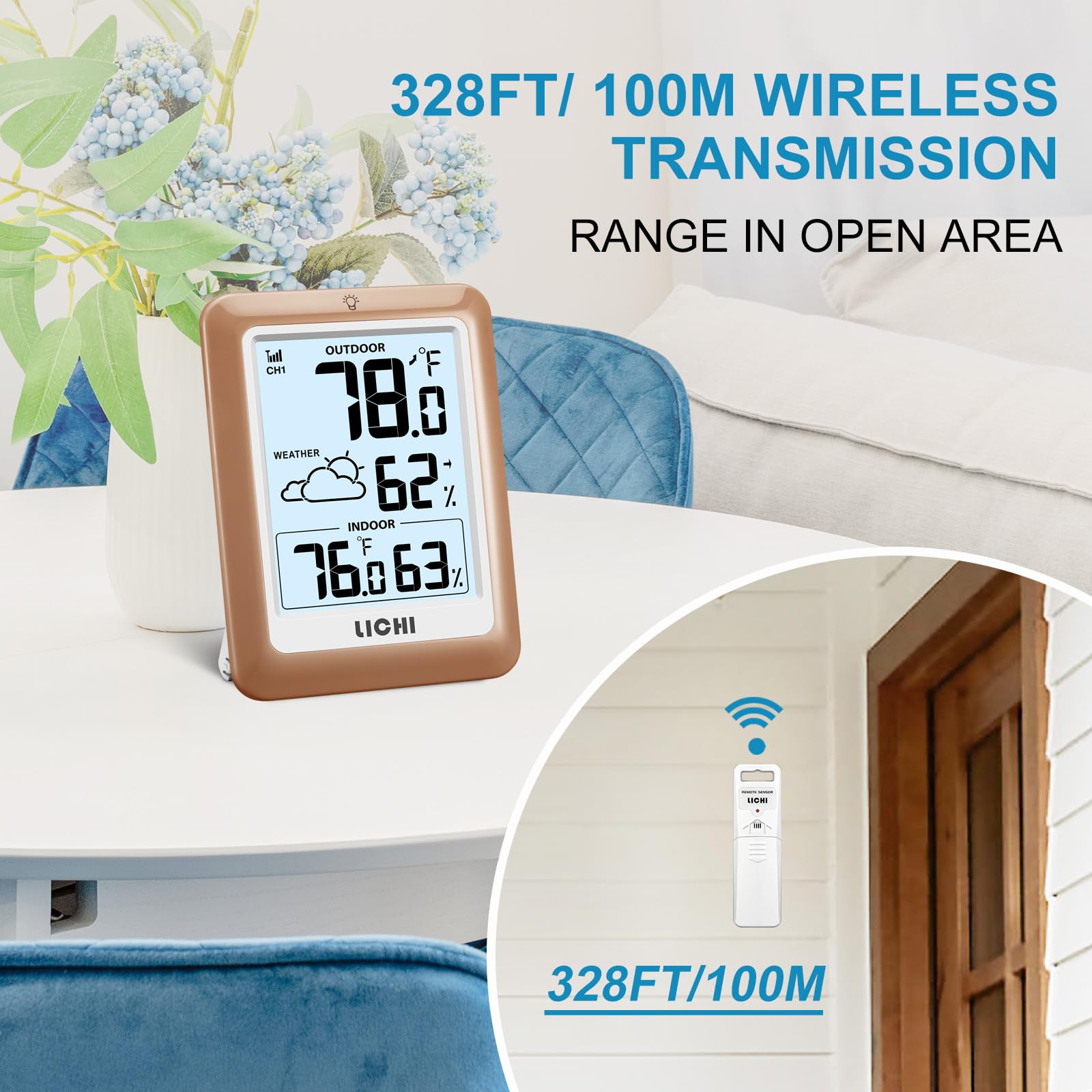 LICHI Indoor Outdoor Thermometer showing khaki colour