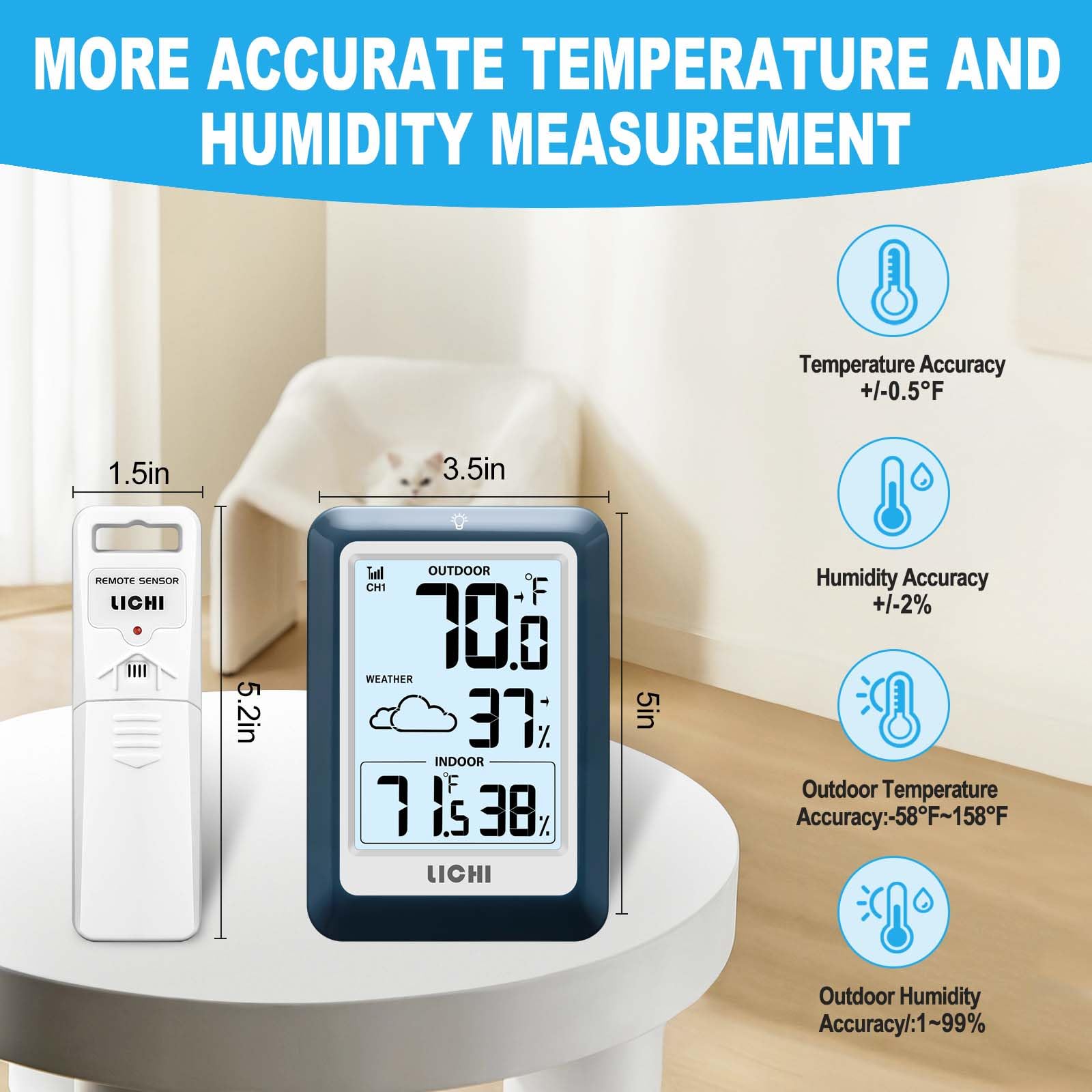 LICHI Indoor Outdoor Thermometer side view with stand