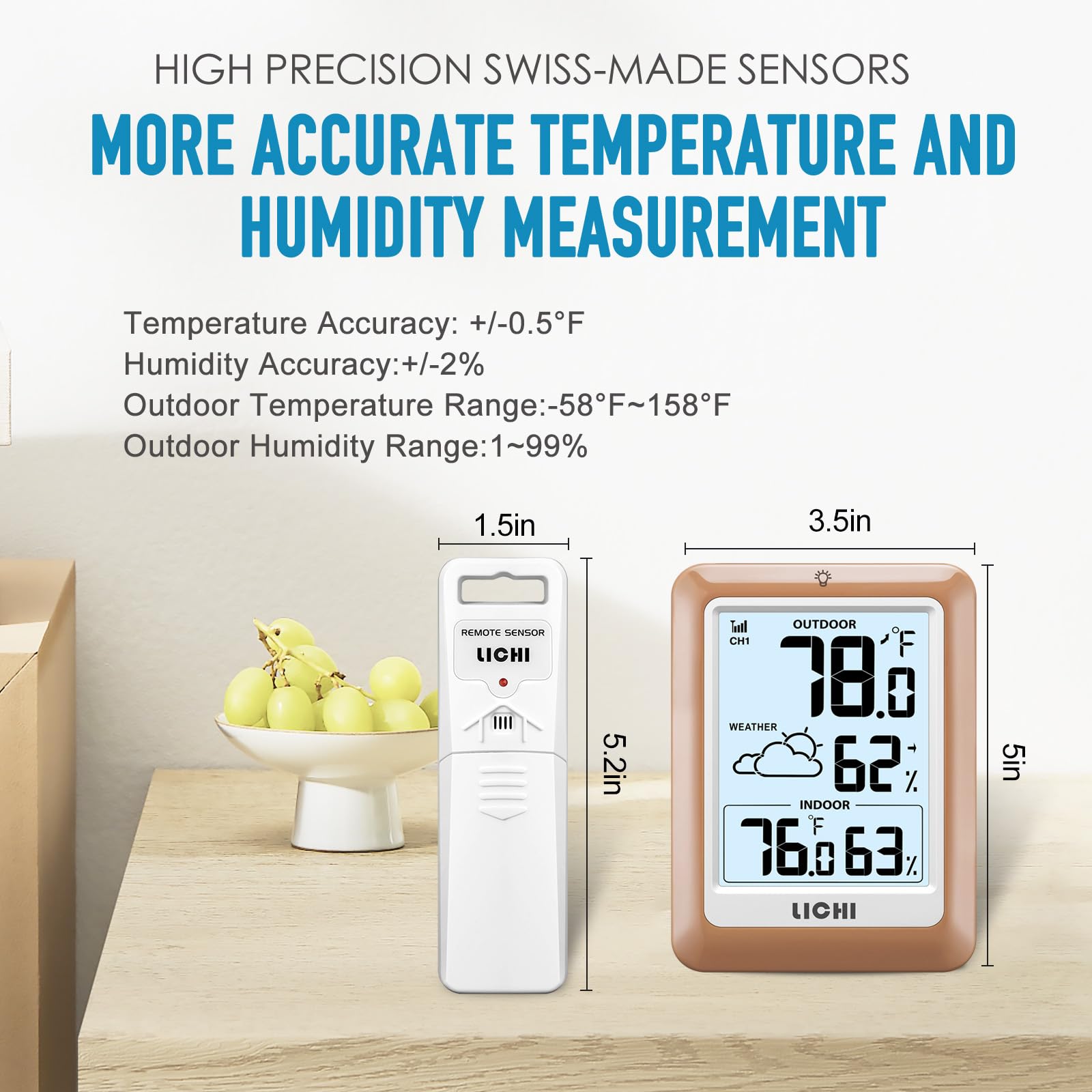 LICHI Indoor Outdoor Thermometer with backlight display on