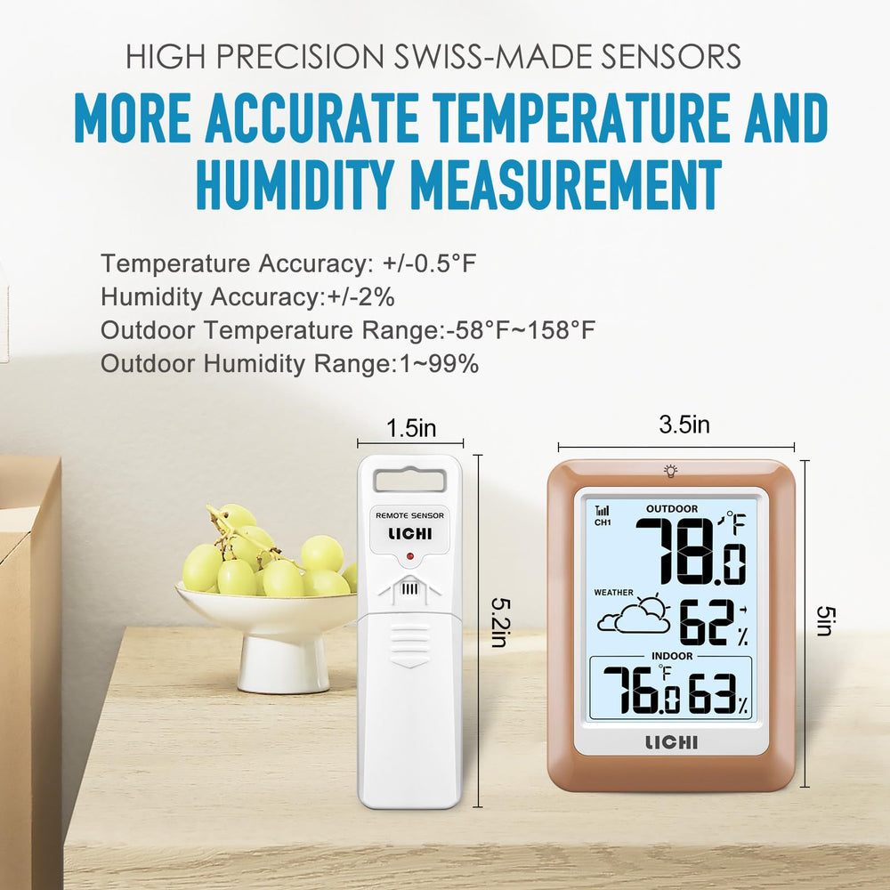 LICHI Indoor Outdoor Thermometer with backlight display on