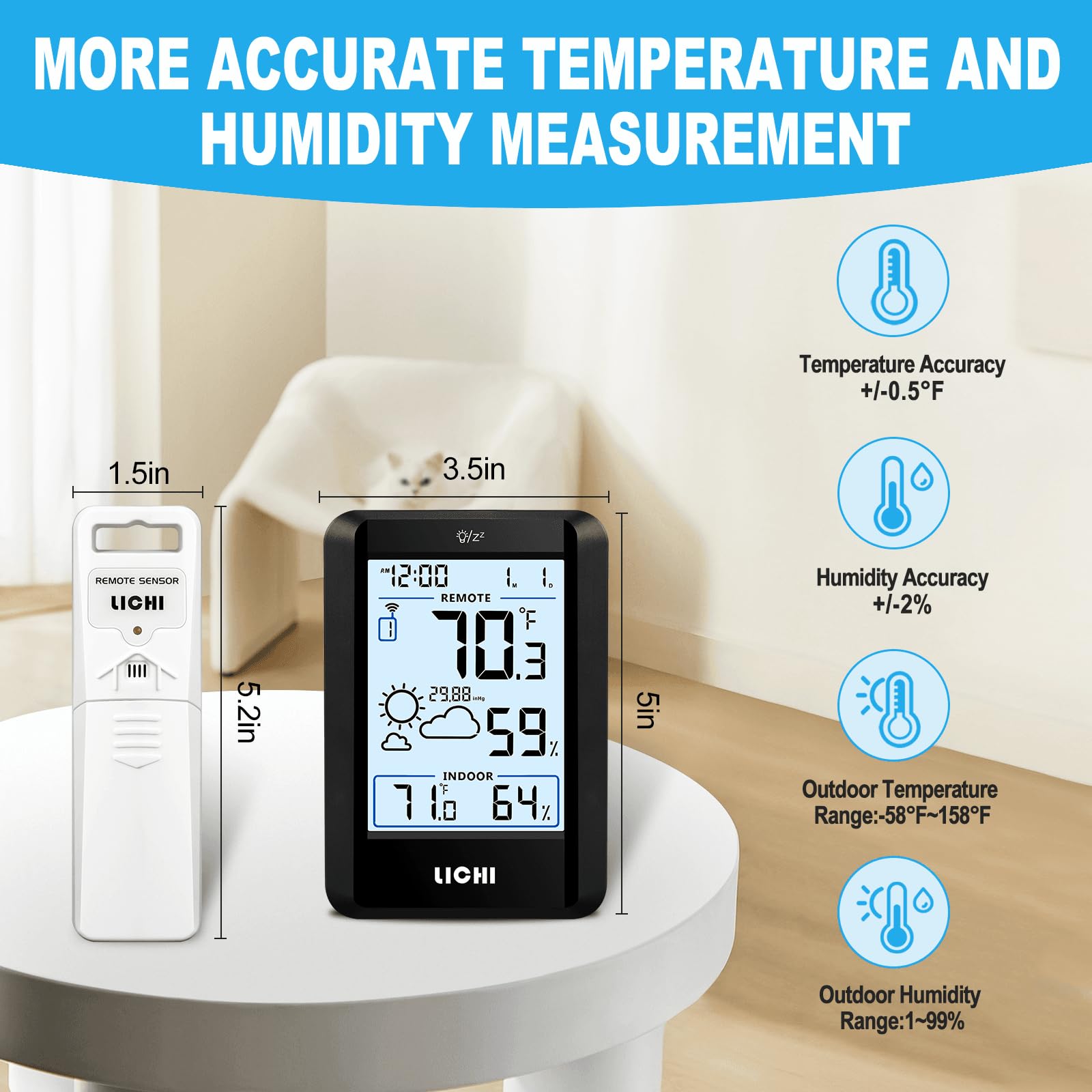 LICHI Thermometer showing time and weather forecast icons