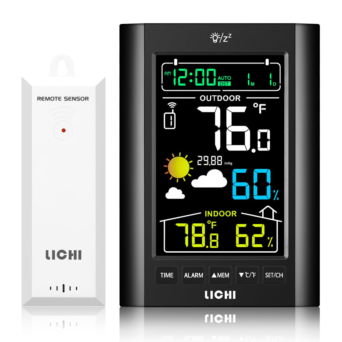 LICHI Wireless Indoor Outdoor Thermometer front view with LCD display