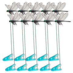 Lidengle 10 Pcs Dragonfly Clips in black, displayed on a garden stake